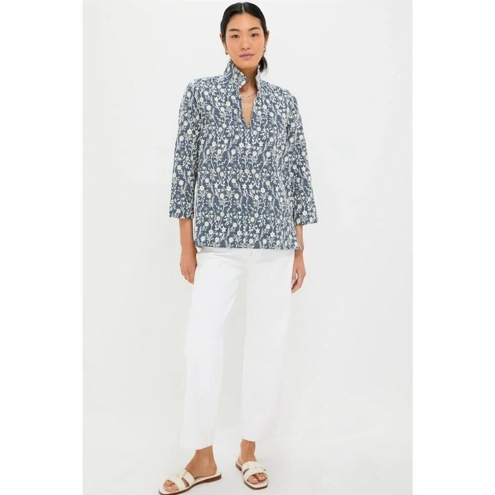 TUCKERNUCK Tunic Top Womens 2XL Blue White Floral Embroidered Popover - Picture 2 of 9